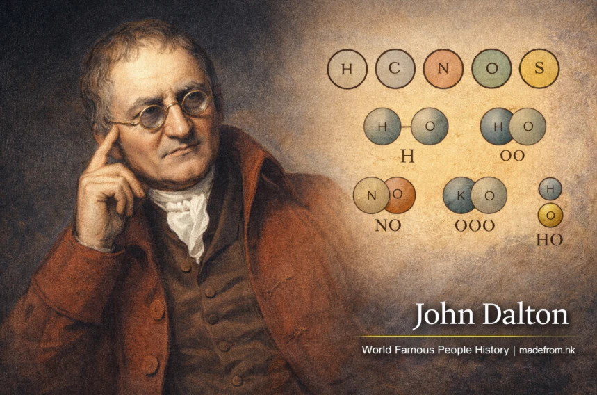 John Dalton portrait with atomic theory illustration