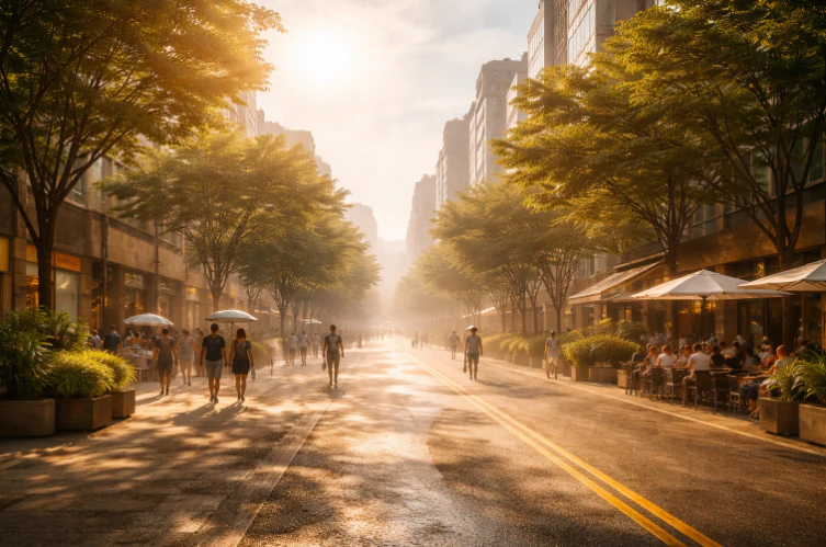 小暑時節城市在悶熱陽光下的街景與空氣熱浪
