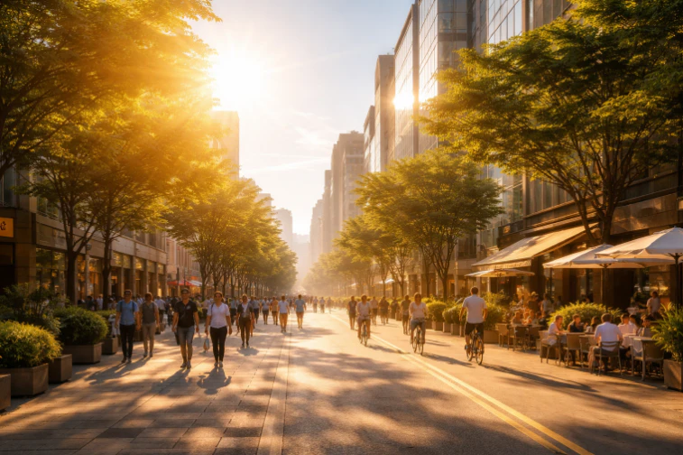 夏至陽光下的城市街道與長日照天空
